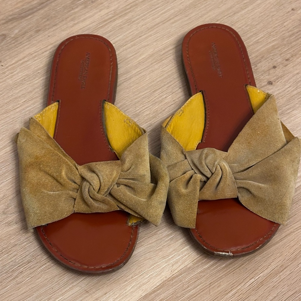 American Eagle Outfitters Suede Knot Slide Sandals - Tan with Yellow Lining